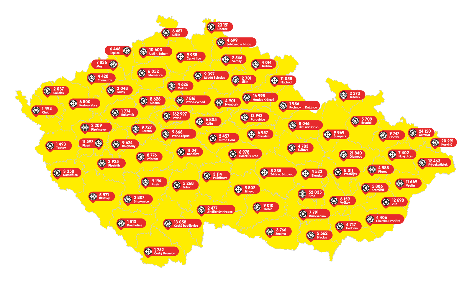 Počet prodaných kytiček v okresech ČR v roce 2016